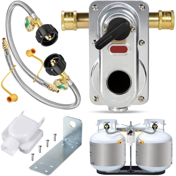 2-Stage Automatic Changeover LP Propane Gas Regulator with Two 12in RV Pigtail Propane Hoses with Gauge, QCC1 x Upgraded 1/4'' Quick Disconnect Connect, Propane LP Gas Regulator for RV Camper Trailer