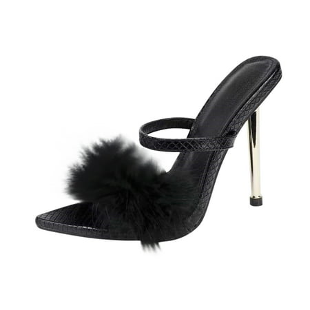 

VKEKIEO Women s Sexy Fish Mouth Open Toe Fluff Decoration High Heel Outer Sandals