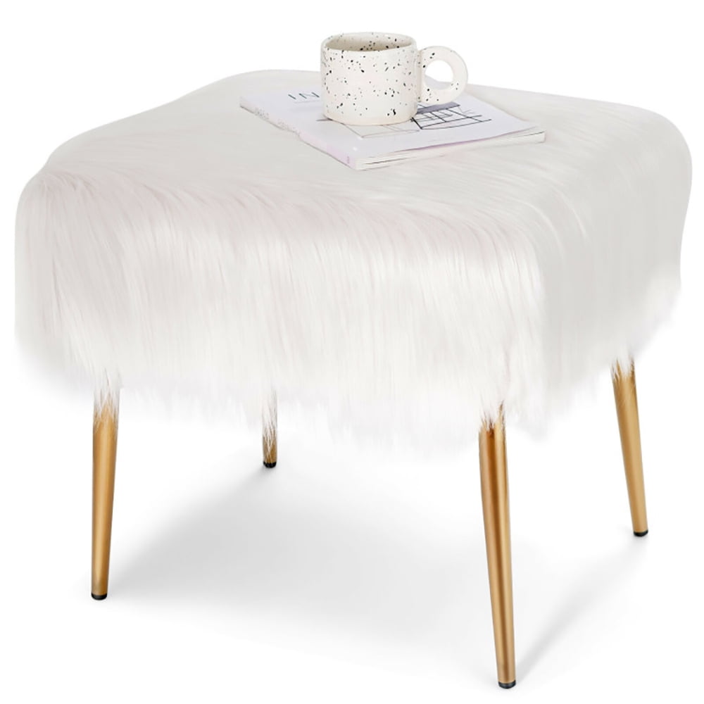 Finihen Faux Fur Vanity Stool Chair, Footstool Ottoman, Vanity Stool with Golden Metal Legs, Makeup Stool, Decorative Furniture Footrest, for Makeup Room, Living Room, Bedroom, White