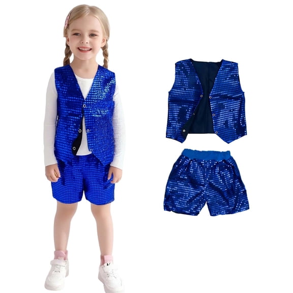 Teen Dance for Girls Sparkly Blue Dance Sleeveless Button Vest and Pants Outfit Set Dresses for School Dance Street Dance Outerwear 10-12 Years