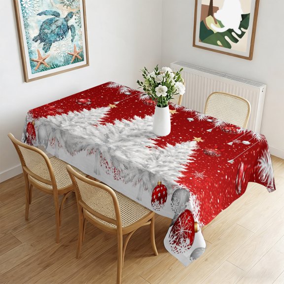 Waterproof Tablecloth Christmas Tree Vintage Red Rectangle Table Cloth 60x84in,Wipeable Washable Table Cover Xmas Ball Winter Snowflakes Tablecloths for Dining Tables Kitchen Picnic Outdoor Party