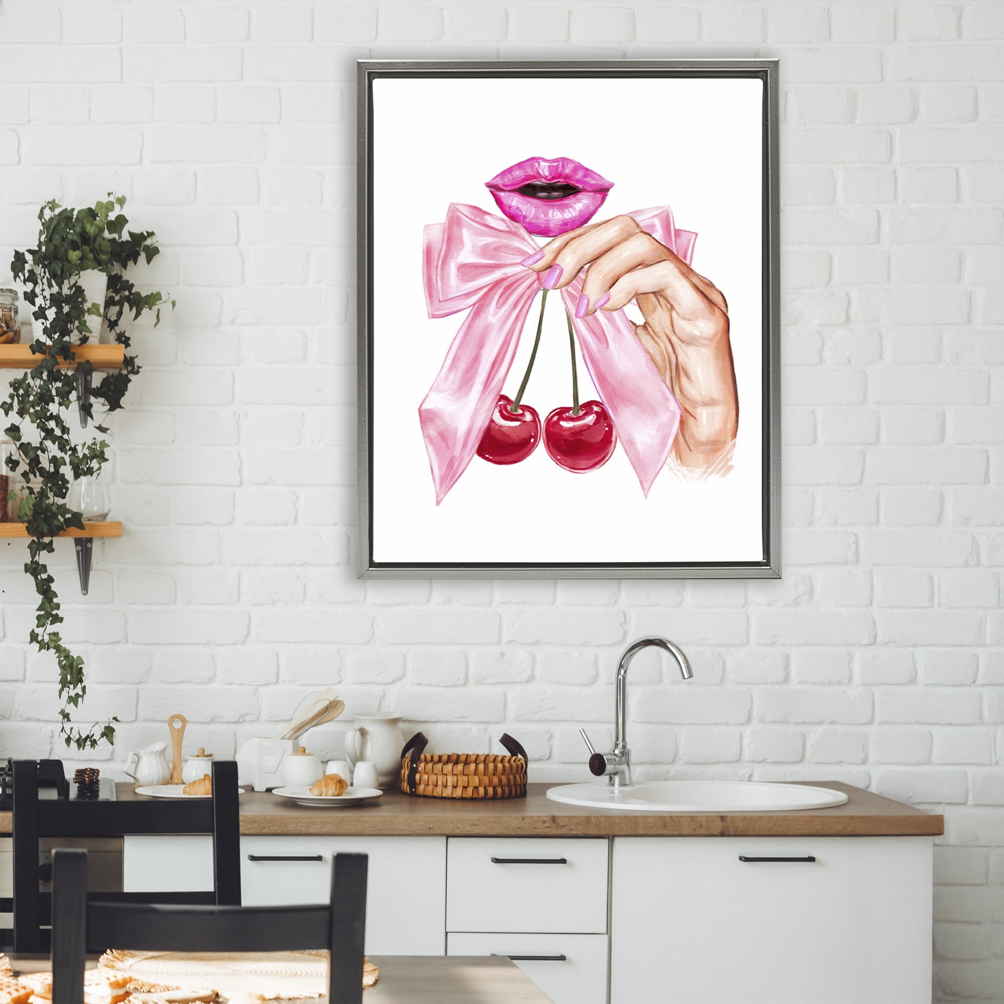 Stupell Industries Lips & Feminine Cherries Gray Framed Floater Canvas Wall Art, design by Ziwei Li
