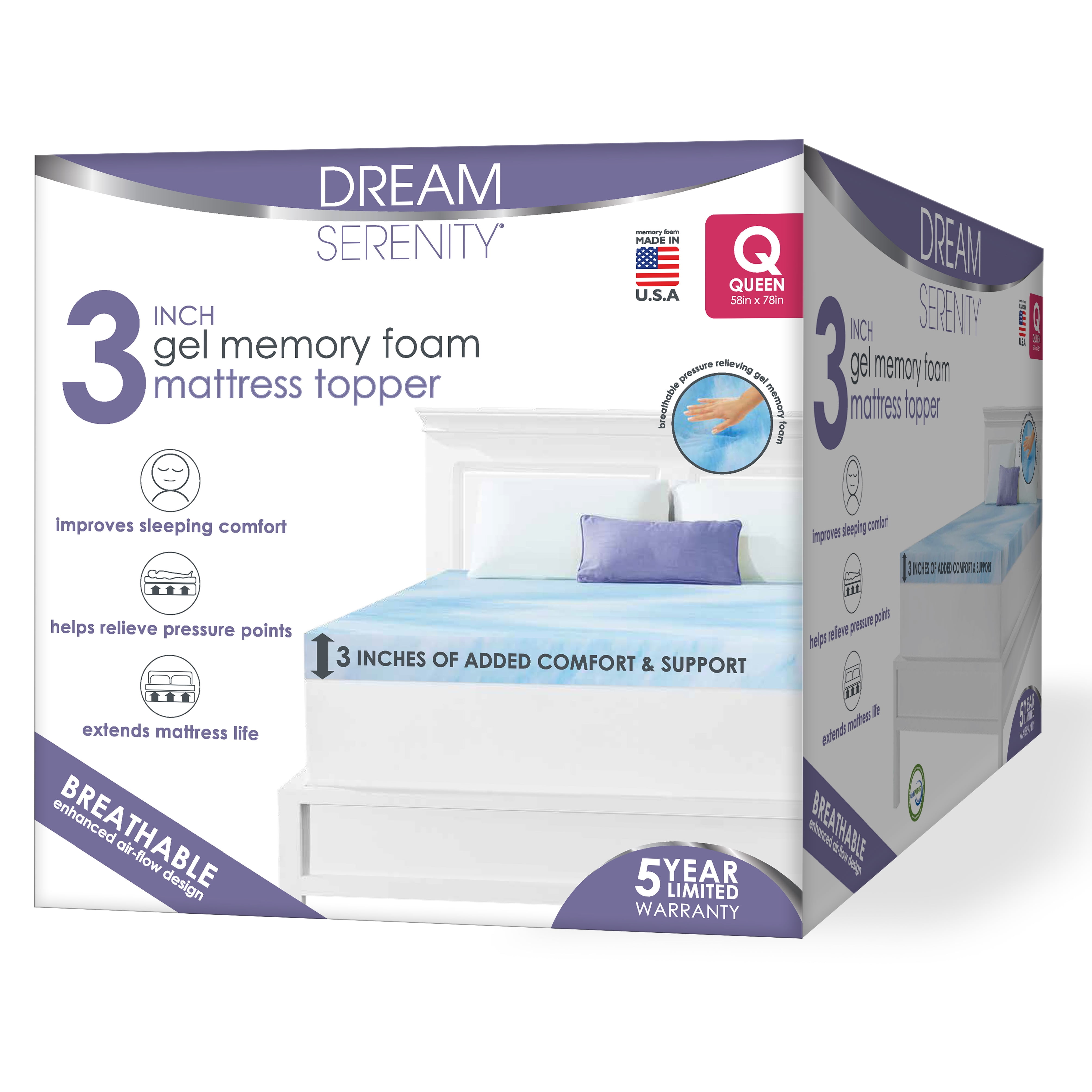 Dream Serenity Gel Memory Foam 3" Mattress Topper 1 Each Full 