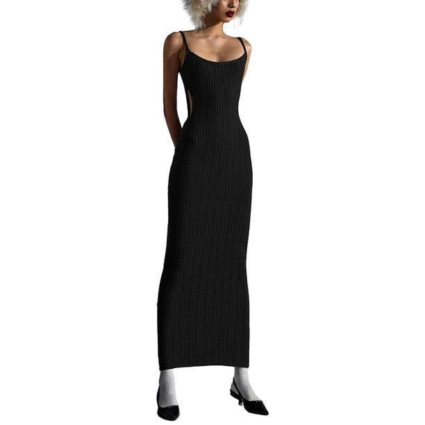 VISgogo Vestido largo sin mangas para mujer, para adultos, ajustado, de color sólido, con correa de espagueti, de una sola pieza VISgogo moda