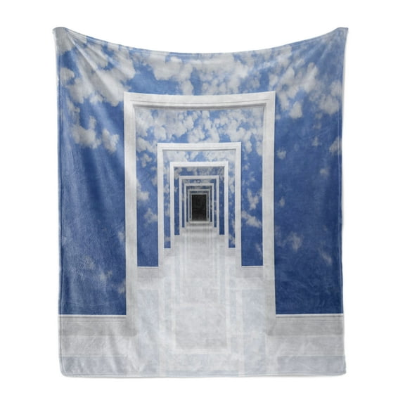Futuristic Soft Flannel Fleece Blanket, Sky Clouds Picture on Walls of Doorless Entrances Futuristic Architecture Photo, Cozy Plush for Indoor and Outdoor Use, 50" x 60", Blue White, by Ambesonne