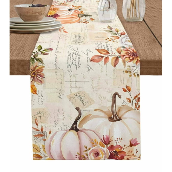 Pink Orange Pumpkins Fall Burlap Cotton Table Runner 13x36 Inches Short, Thanksgiving Leaves Floral Autumn Farmhouse Table Runners, Outdoor Dining Tablecloths Decor for Baby Shower/Party/Wedding