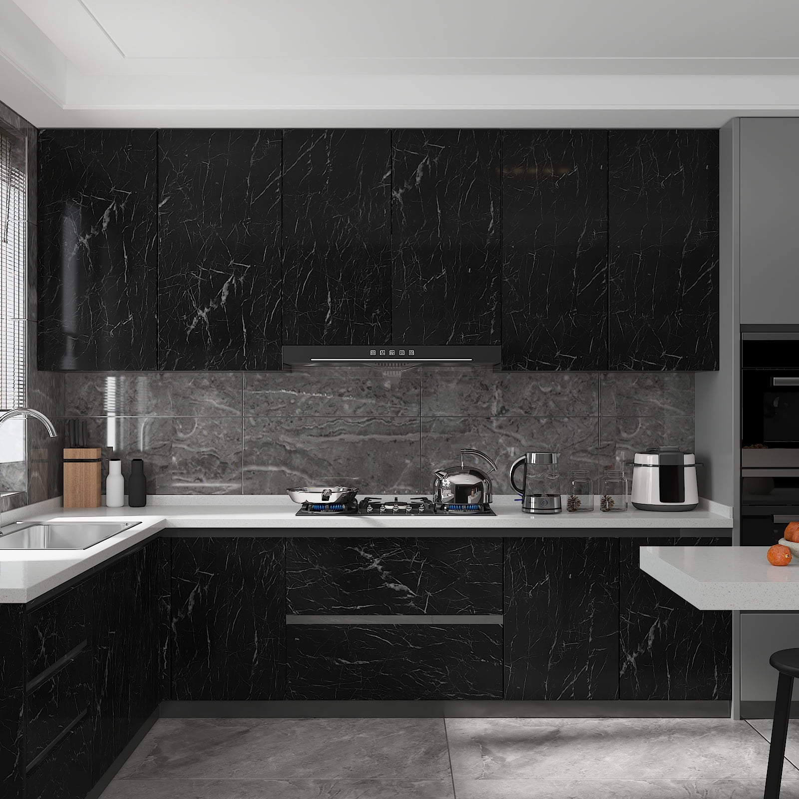 CHIHUT Black Marble Peel and Stick Countertop Contact Paper Glossy Marble Self Adhesive Wallpaper for Bathroom Kitchen Wallpaper 17.7"x236" Removable Black Vinyl Roll for Cabinets Counter Shelf Liner