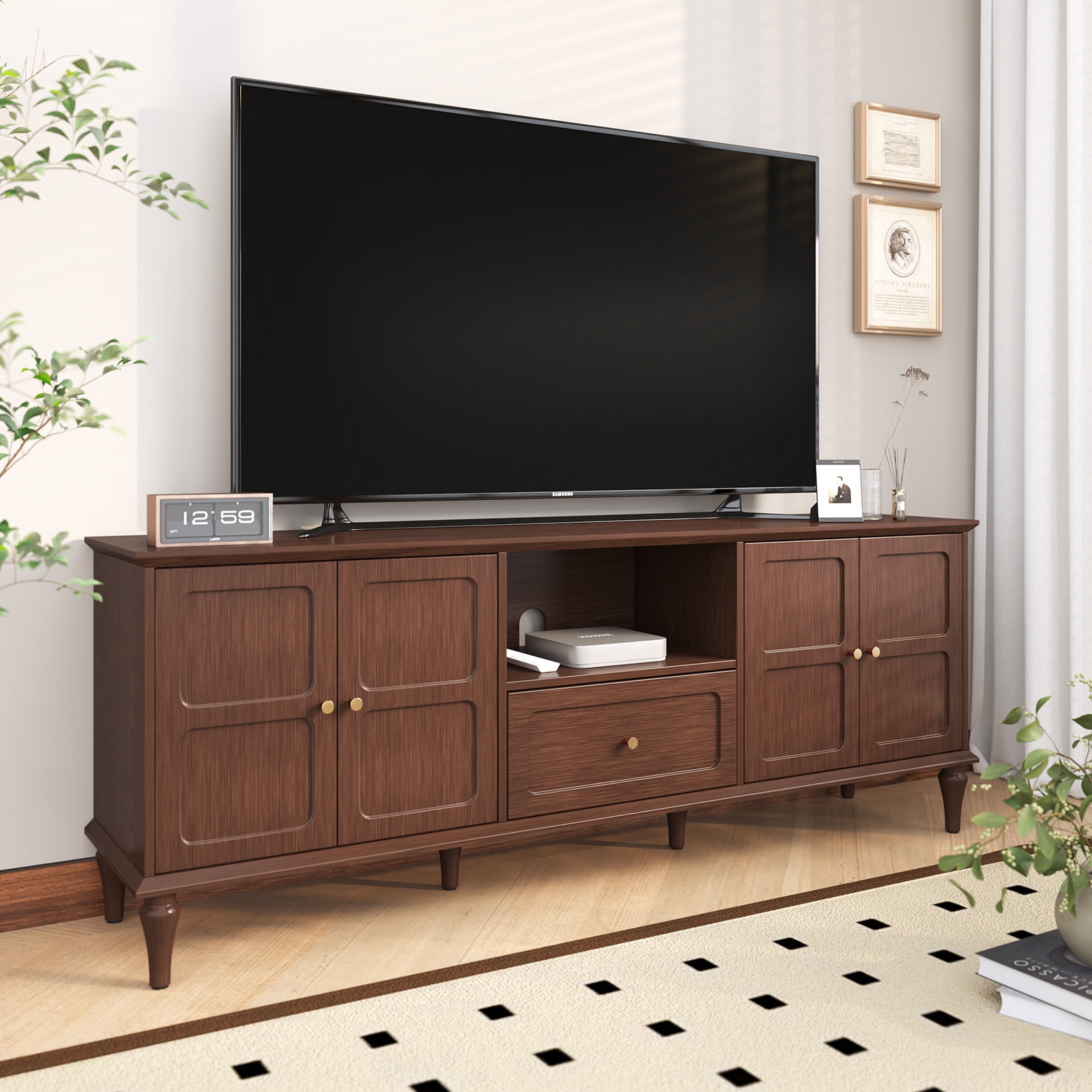 HLR Mid Century 67" TV Stand, for TVs up to 75", Living Room Entertainment Center with 4 Door Storage Cabinet, Brown