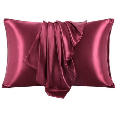 PiccoCasa 2Pcs Satin Pillowcase Silky Pillow Cover with Envelope Closure Standard Burgundy