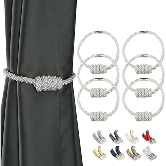 Magnetic Curtain Tiebacks, Decorative Drapery Holdbacks Modern Woven Tie-Backs with Exquisite Knot (White, 6 Pack)