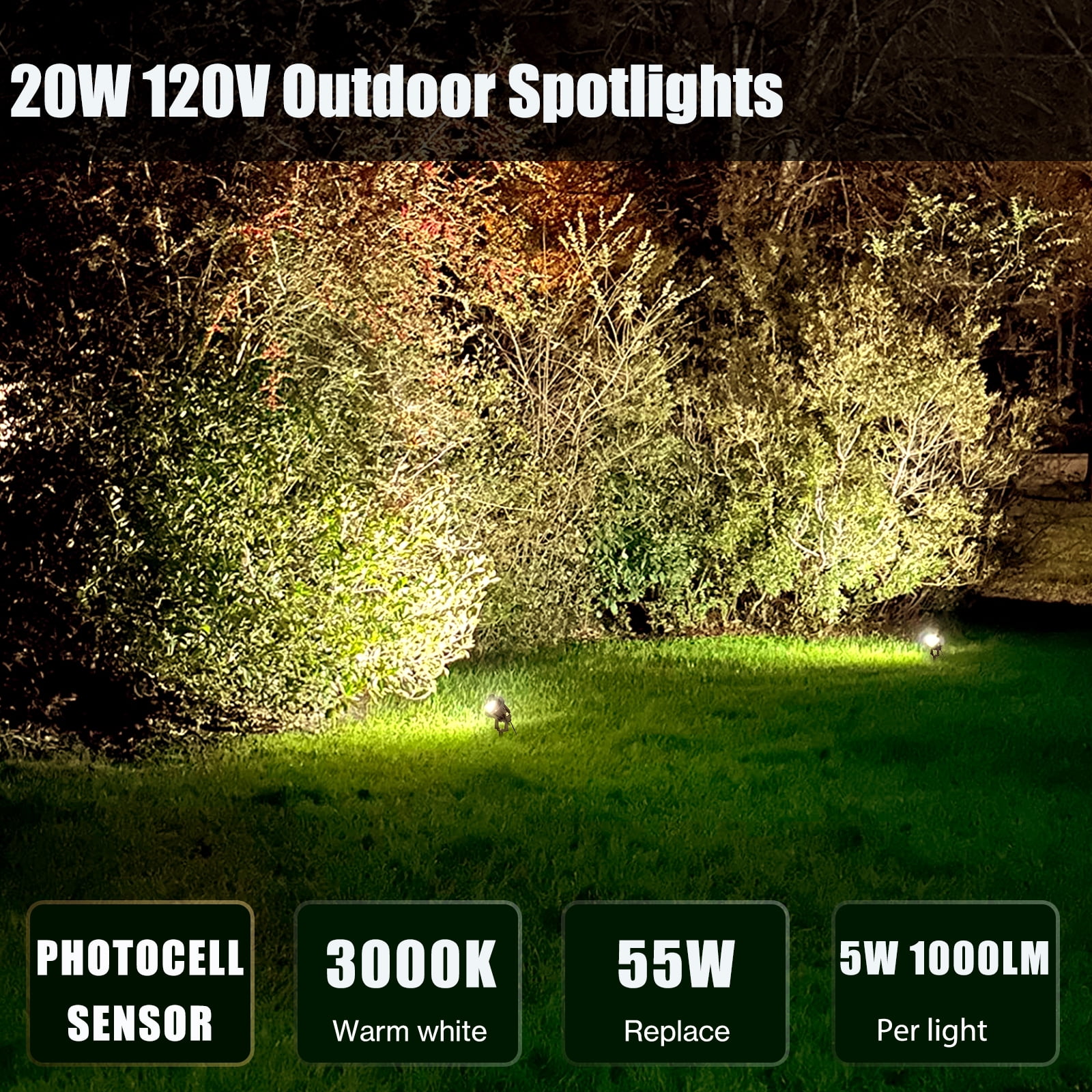 Fulanzaren 20W Dusk to Dawn led Light Spotlights Outdoor, Low Voltage Warm White Outdoor Spot Lights with Transformer Uplights Waterproof IP65 4 Pack