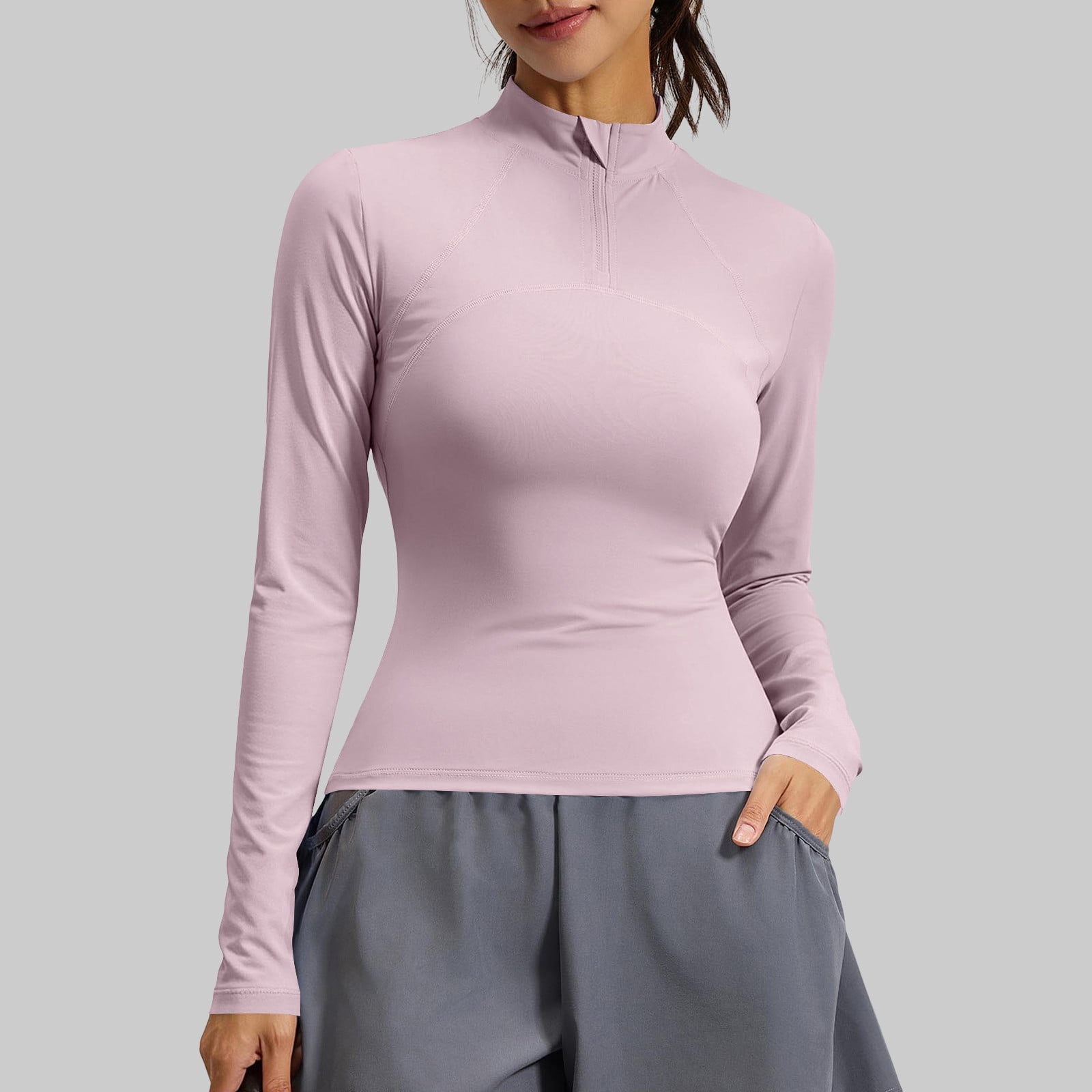 vdgthytj Workout Tops for Women Long Sleeve Quarter Zip Lightweight Quick Dry Slim Fitted Yoga Gym Athletic Tops(X-Large,Pink)