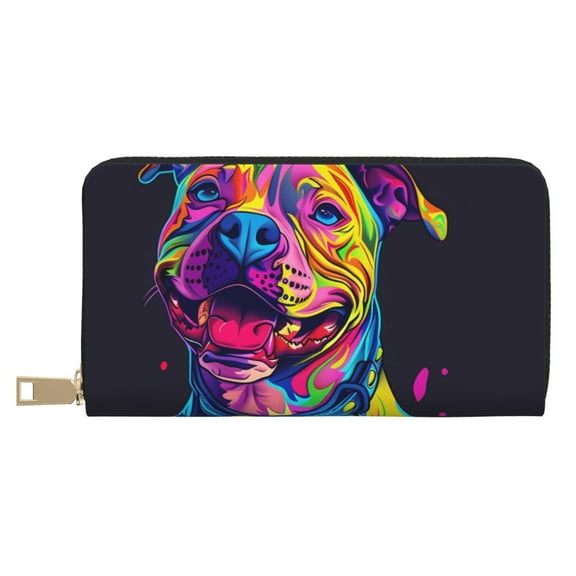 Leather Thin Slim Wallets for Women Men - Neon Pop Art Pitbull Clutch Card Wallet for Women Men with Zipper