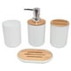 thumbnail image 1 of Set de accesorios de baño: jabonera, botella de loción, vaso para cepillos de dientes (plástico y madera). Blanco 4 piezas, 1 of 8