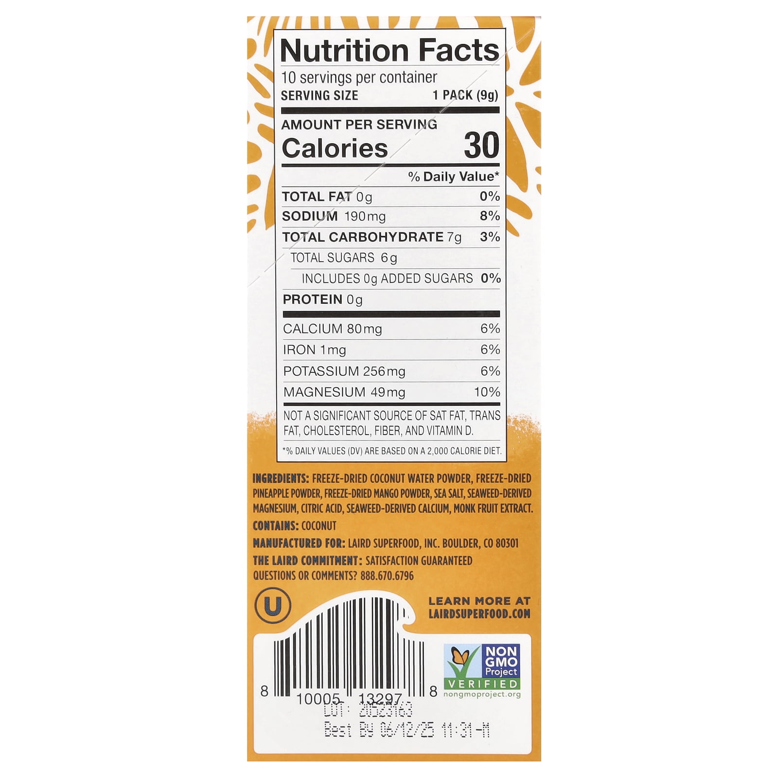 Laird Superfood Hydrate Coconut Water, Electrolyte Drink Mix, Mango Pineapple, 10 Single Serve Packs, 0.3 oz (9 g) Each
