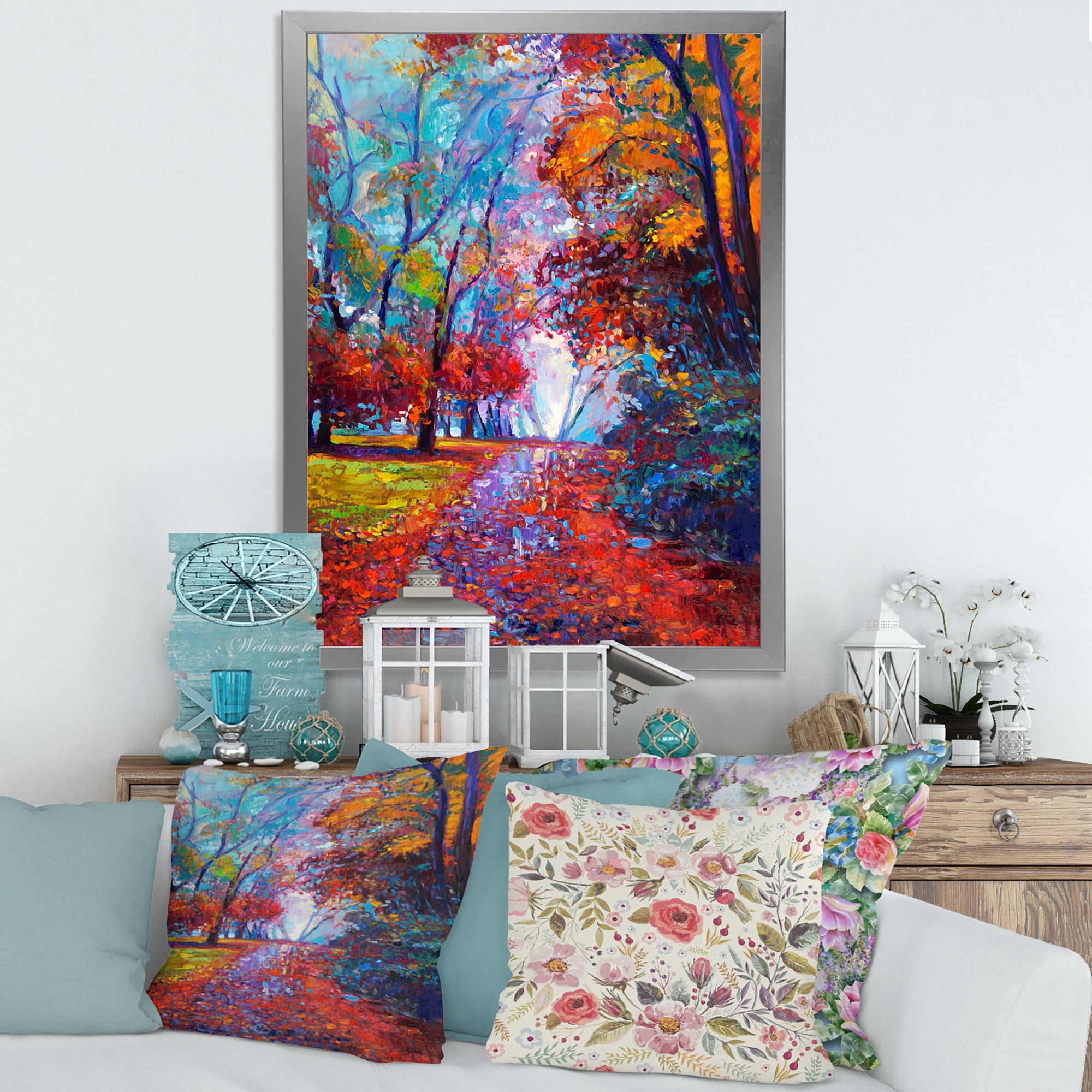 Designart 'Red Autumn Landscape With Little Road' Traditional Framed Art Print