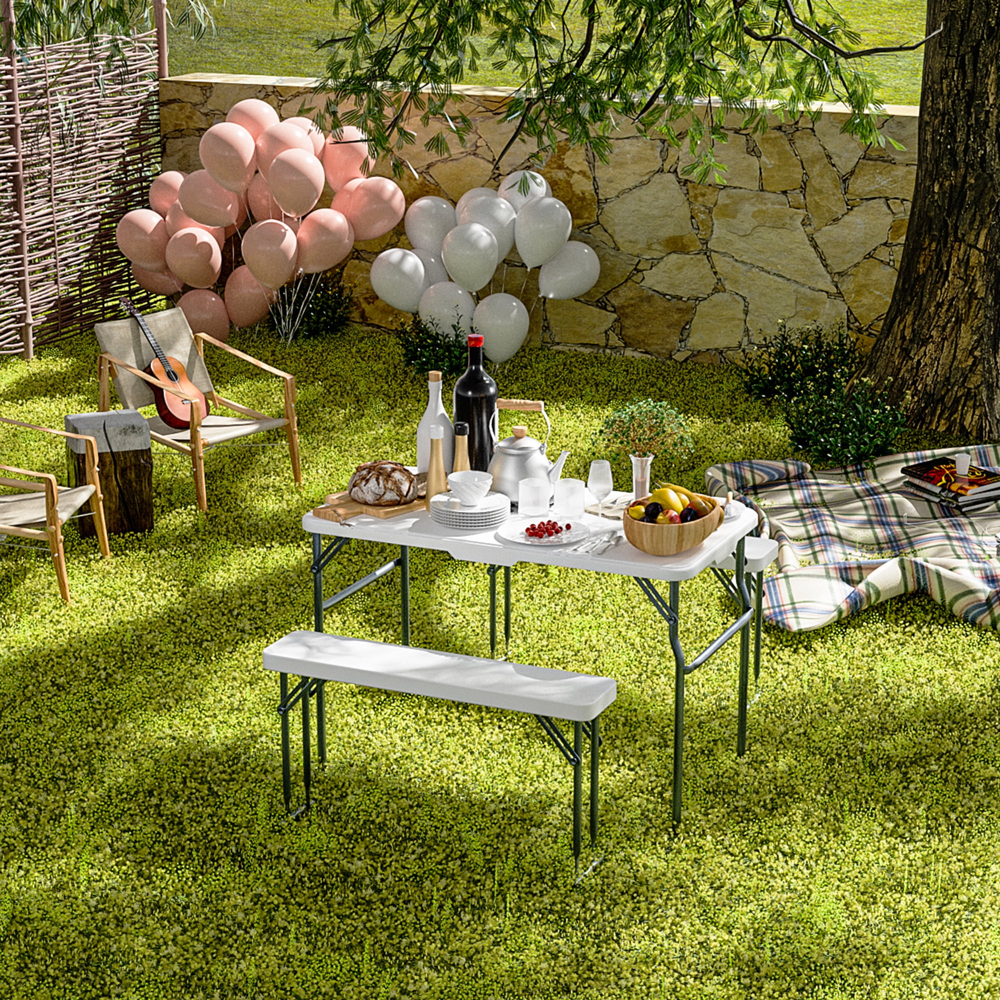 MAYEERTY 3pcs Beer Table Set(1+2) HDPE Top, Steel Frame, Foldable for Outdoor Picnics, Camping & Backyard Use