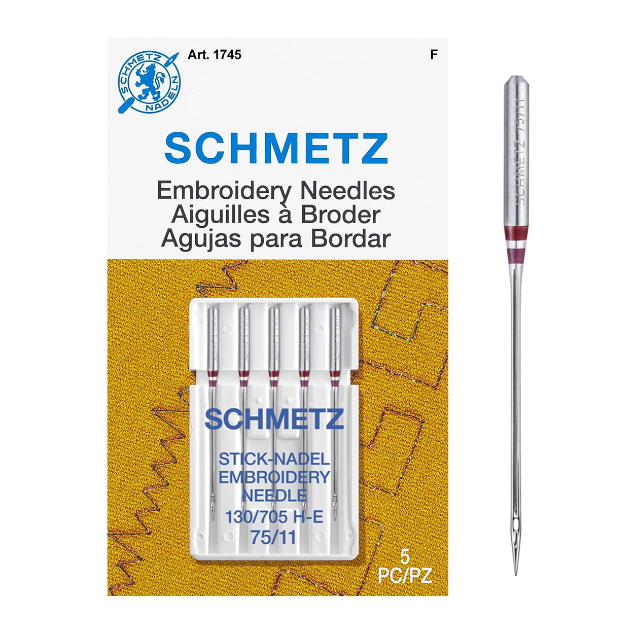 Schmetz Sewing Machine Embroidery Needles, Size 75/11, 5 Count