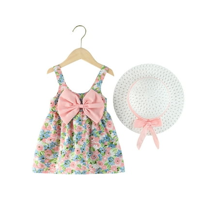 

Genuiskids Infant Baby Girls Sleeveless Dress Casual Floral Bowknot Summer A-line Princess Dress with Wide Brim Hat 6M-3T