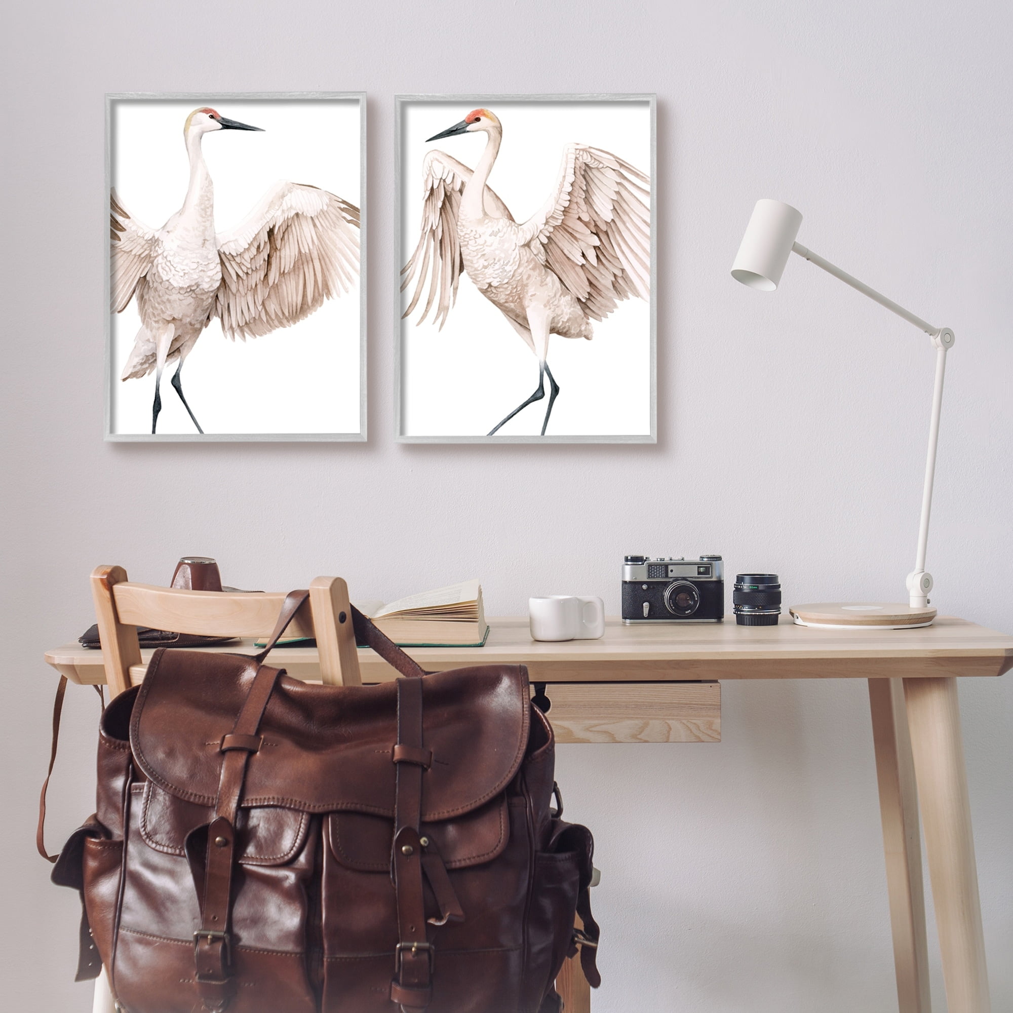 Stupell Industries Simple White Crane Birds Standing Open Wings Illustration Paintings Gray Framed Art Print Wall Art Set of 2, 16x20, by Grace Popp