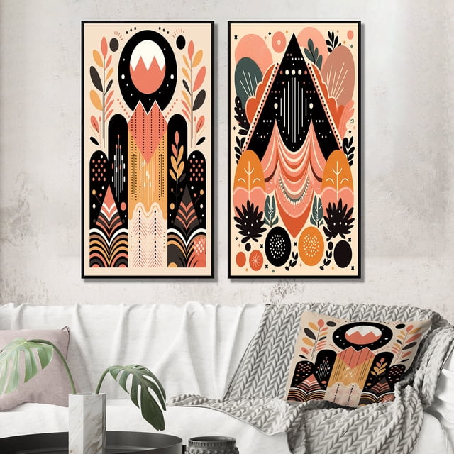 Designart "Retro Pink Bohemian Tribal Geometry IV" Modern Geometric Framed Wall Art Set Of 2 - Modern Pink Gallery Wall Frame Set For Home Decor