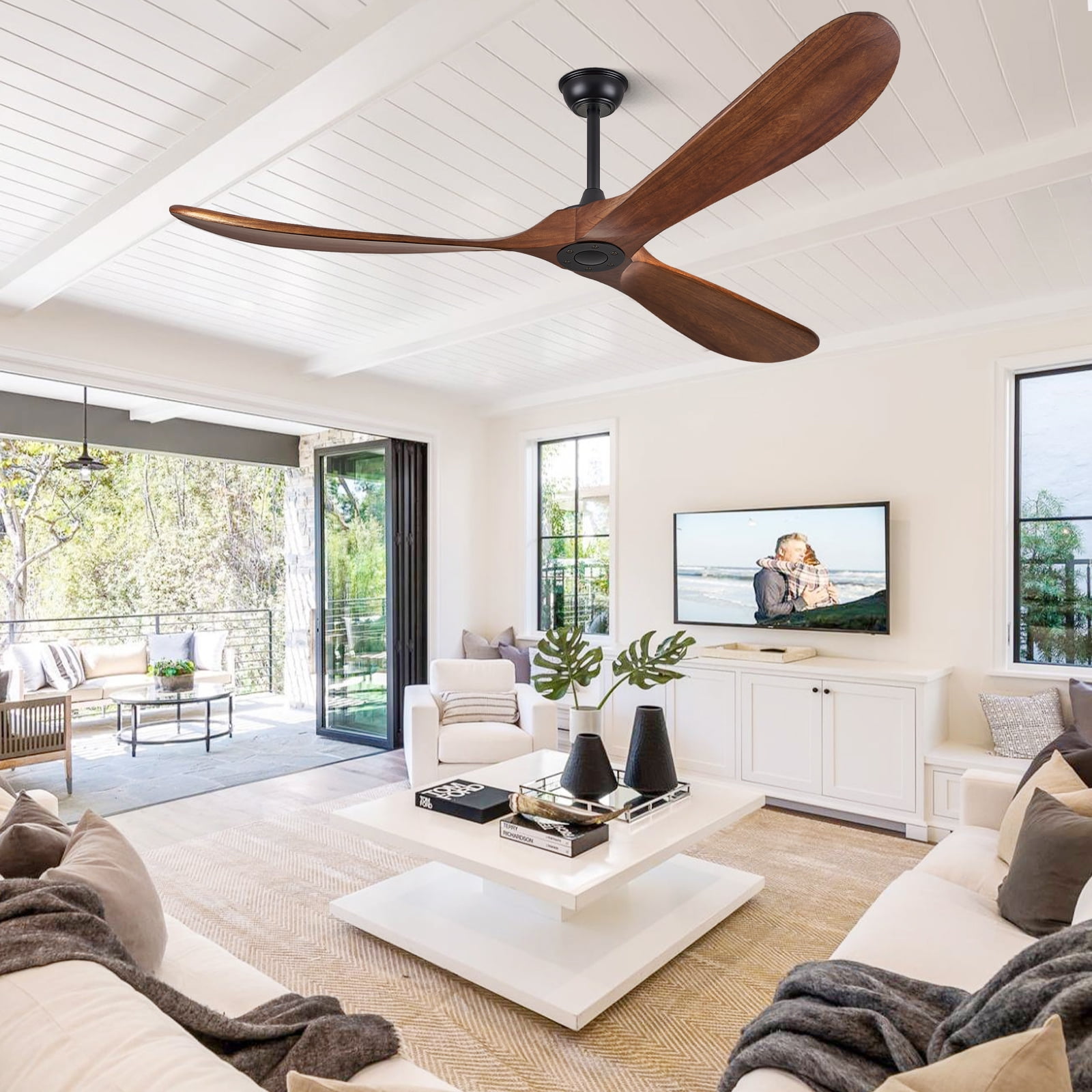 70'' Modern 3-Blade Ceiling Fan (No Light) – Solid Walnut Wood Propeller Ceiling Fans, Quiet DC Motor & Standard Remote Control | Indoor/Outdoor Use for Patio, Coastal & Farmhouse Spaces