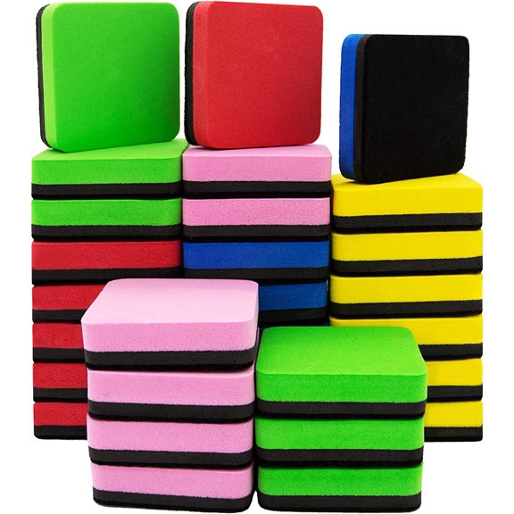 OWLKELA 30 Pack Dry Eraser Erasers, Washable and Reusable, Whiteboard, 5 Colors, Red Etc