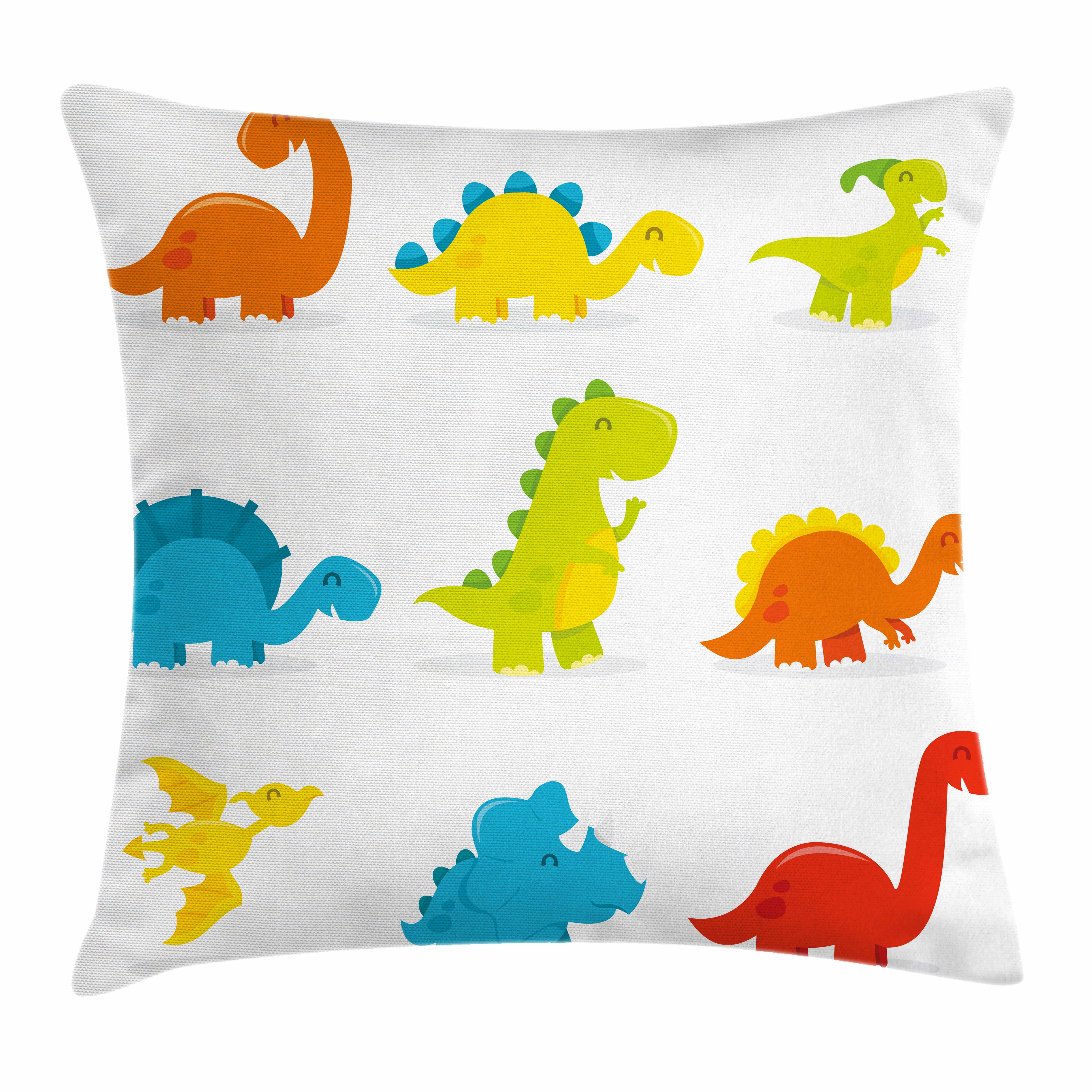 Dinosaur Throw Pillow Cushion Cover, Cute and Funny Dinosaurs Set Cartoon Style Colorful
