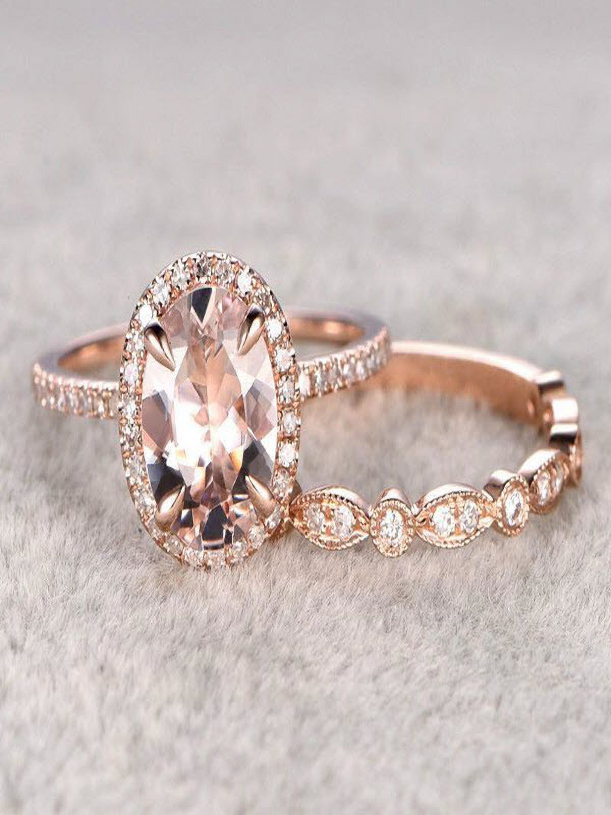 Limited Time Sale 1.50 carat Morganite and Diamond Wedding Bridal Ring Set in 10k Rose Gold, One Engagement Ring & Wedding Band - image 2 of 2