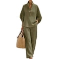 thumbnail image 6 of Breezora Women's Summer Casual Knit 2 Piece Outfit Batwing Sleeve Stand Collar Blouse Wide Leg Pants Loose Fit Set, 6 of 7