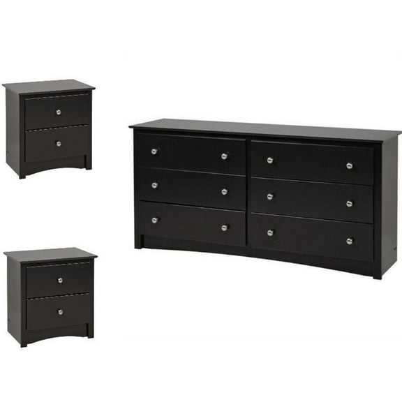 Pemberly Row 3PC Bedroom Wood Set with 1 Dresser and 2 Nightstands in Black