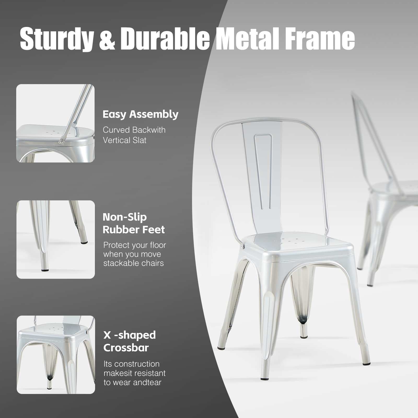 SOLEGGIATA Metal Dining Chairs Set of 4 Silver Outdoor Metal Chairs for Farmhouse Kitchen,Bistro,Dining Room,Patio Moonlight Silver Color