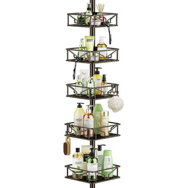 5 Tier Adjustable Corner Shower Caddy Organizer with Hooks, Rustproof Tension Pole 62-116 Inch, Bronze