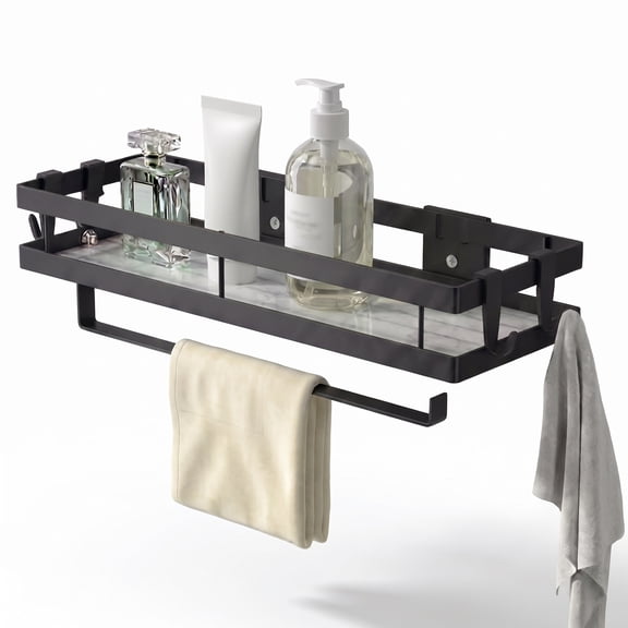 XHSGX Wall Mounted Shower Shelf with Towel Bar & 4 Hooks, Bathroom Shower Storage Organizer, Carbon Steel Shower Shelves for Shampoo, Soap and Bath Essentials