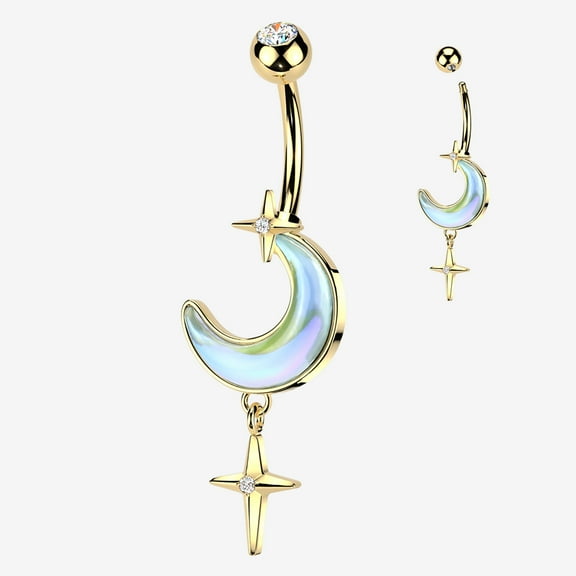 BM25 Golden Iridescent Aurora Crescent Moon Sparkle Star Dangle Belly Button Ring-Clear Gem