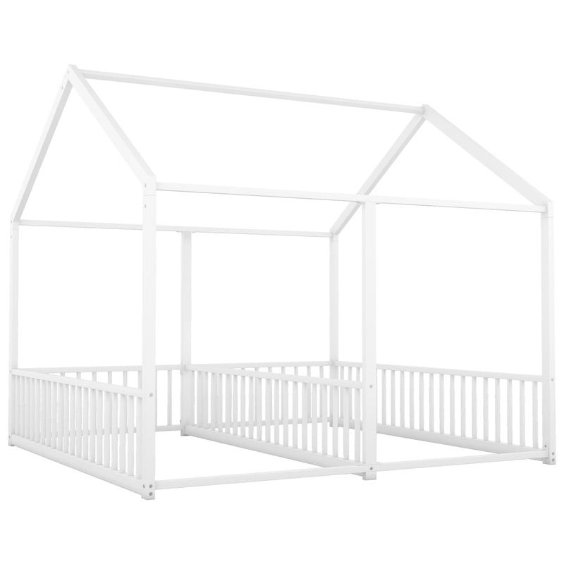 Mirightone Twin Size House Bed for 2 , Double Floor Bed for Twins, Twin House Platform Beds, Metal Floor Bed Frame. (White)