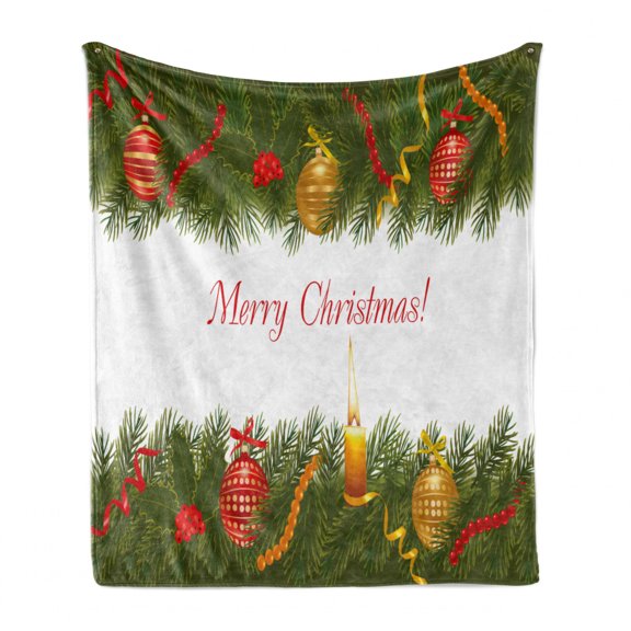 Christmas Soft Flannel Fleece Throw Blanket, Christmas Tree with Elements and Burning Candle Retro Style Hand Writing, Cozy Plush for Indoor and Outdoor Use, 60" x 80", Multicolor, by Ambesonne