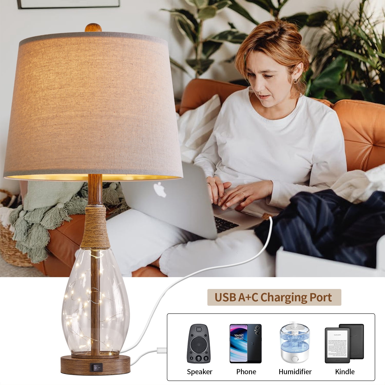 Yokila 23" Farmhouse Table Lamp Set of 2 with USB Ports for Bedroom Living Room, Retro Glass Nightstand Bedside Lamps(2 Bulbs Included)