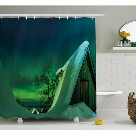 Northern Lights Shower Curtain, Wooden Roof House Winter Icy Arctic View Cold Climates Air Image, Fabric Bathroom Set with Hooks, 69W X 70L Inches, Dark Blue Jade Green, by (Best Window Material For Cold Climates)