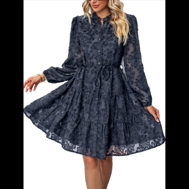 Vestidos de Otoño 2025 de Larga para Mujer, Minivestido Informal de Corte A con Botones y Cinturón, para Otoño e Invierno. Azul Marino S