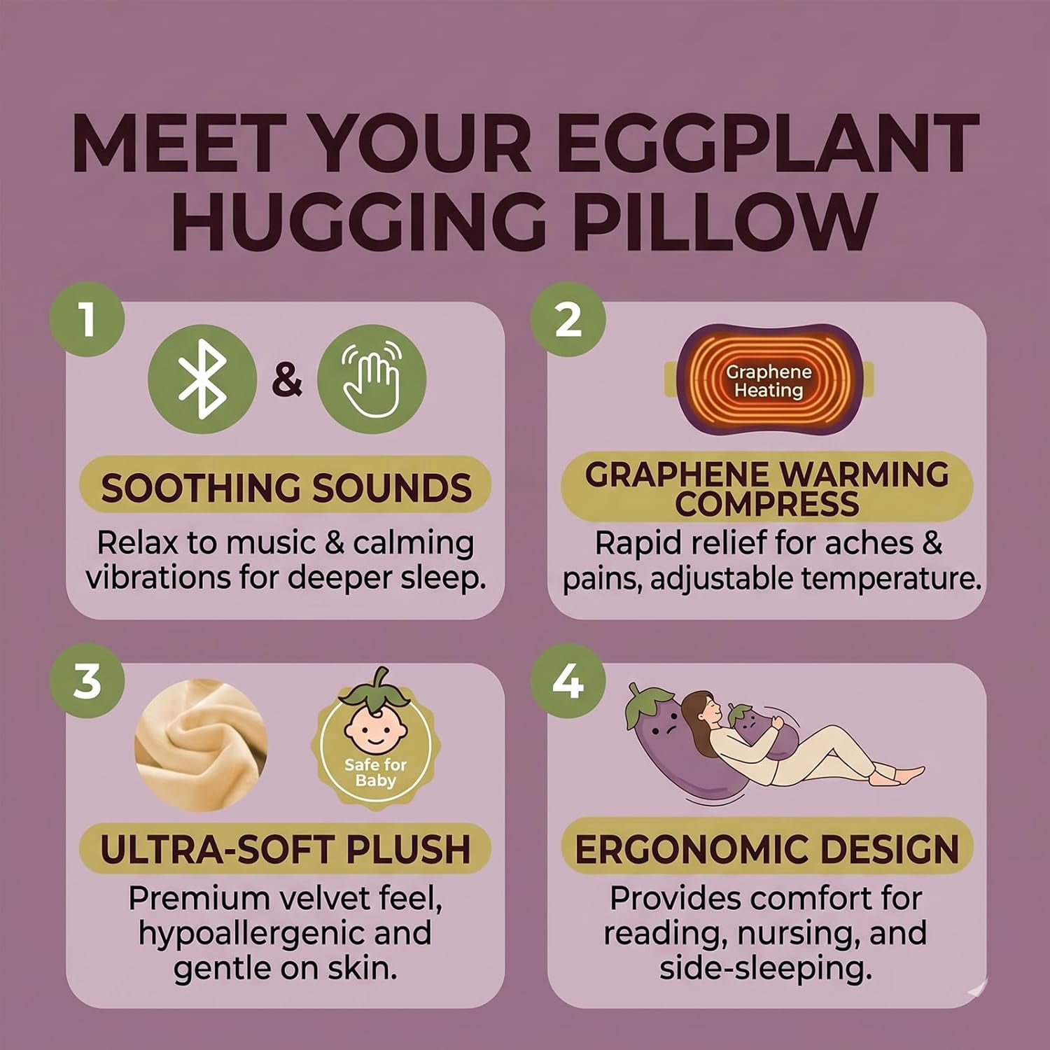 Eggplant Mango King Hugging Pillow, Smart Mango Patting Pillow for & Sleep Aid, Patting Pillows with Heating, Partner Plush Comfort Pillows for Side Sleepers (Eggplant, Basic, S 27.56in)