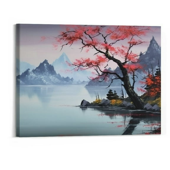 Creowell  Traditional Chinese Shanshui Painting Black and White Landscape Canvas Wall Art Plum Blossom Artwork 20x16 Inch