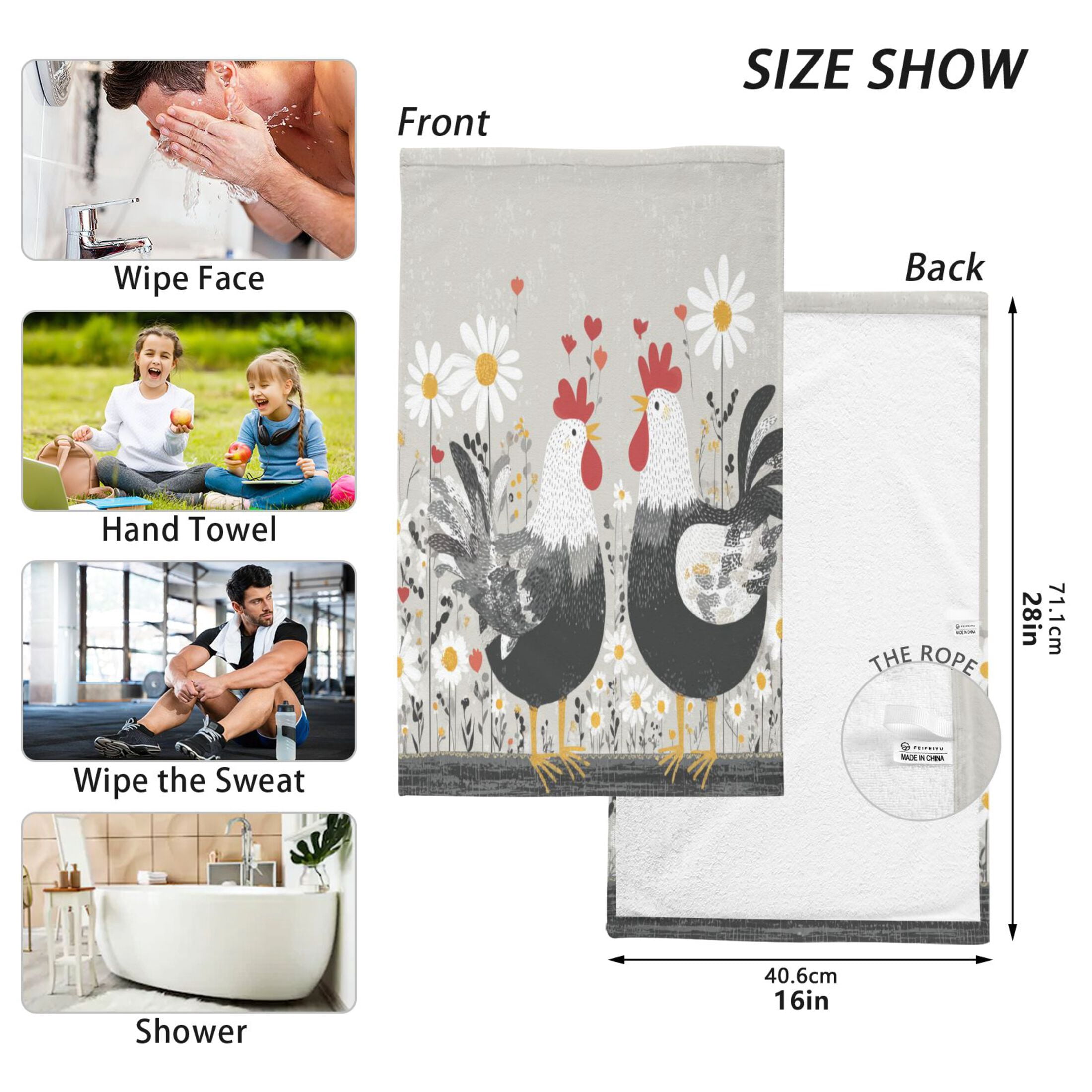 2 Pcs Absorbent Face Towel Bath Hand Towels Soft Breathable Cotton Towel Set for Bathroom Kitchen Hotel Spa Decor Black and White Chick