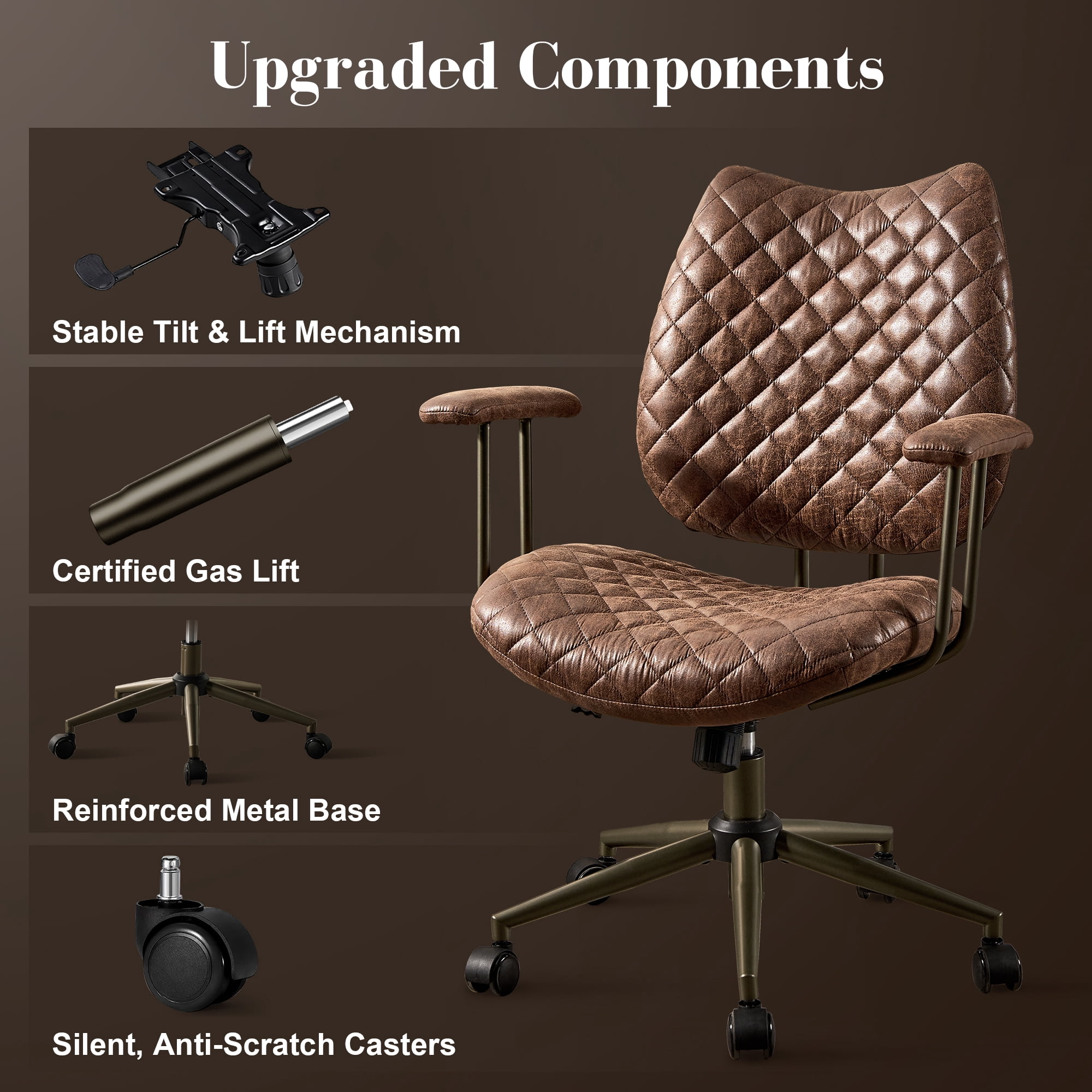 Toject Leather Office Chair, Mid Back Home Office Chair with Lumbar Support, Ergonomic Computer Chairs, Executive Desk Chairs with Thickened Cushions, Task Chairs for Offic, Suede Leather, Dark Brown
