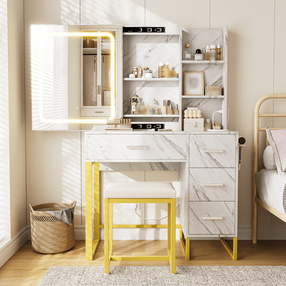 Makeup Vanity Table with Lighted Mirror and Power Strip, Wood Makeup Vanity Table with Cushioned Chair, Hairdryer Holder, 3 Lighting Colors, 4 Drawers and 5 Storage Shelves for Bedroom
