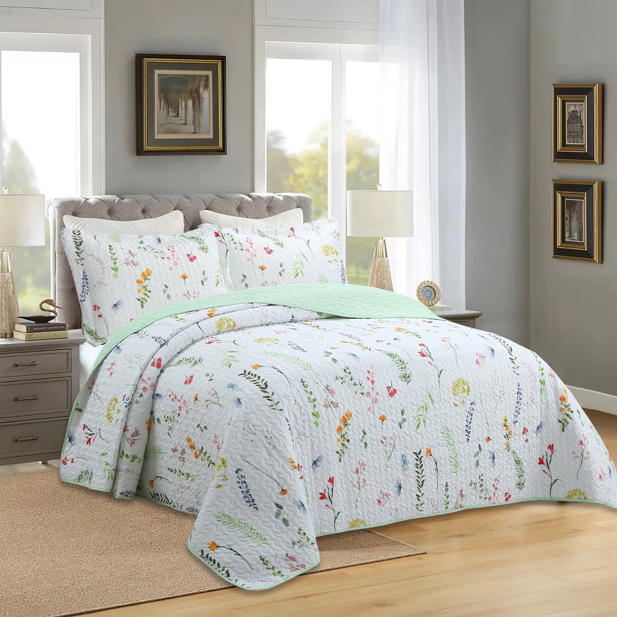 3-Piece Printed Floral Quilt Set Lightweight Bedspread with Pillow Shams, Soft & Breathable Bedding ME505