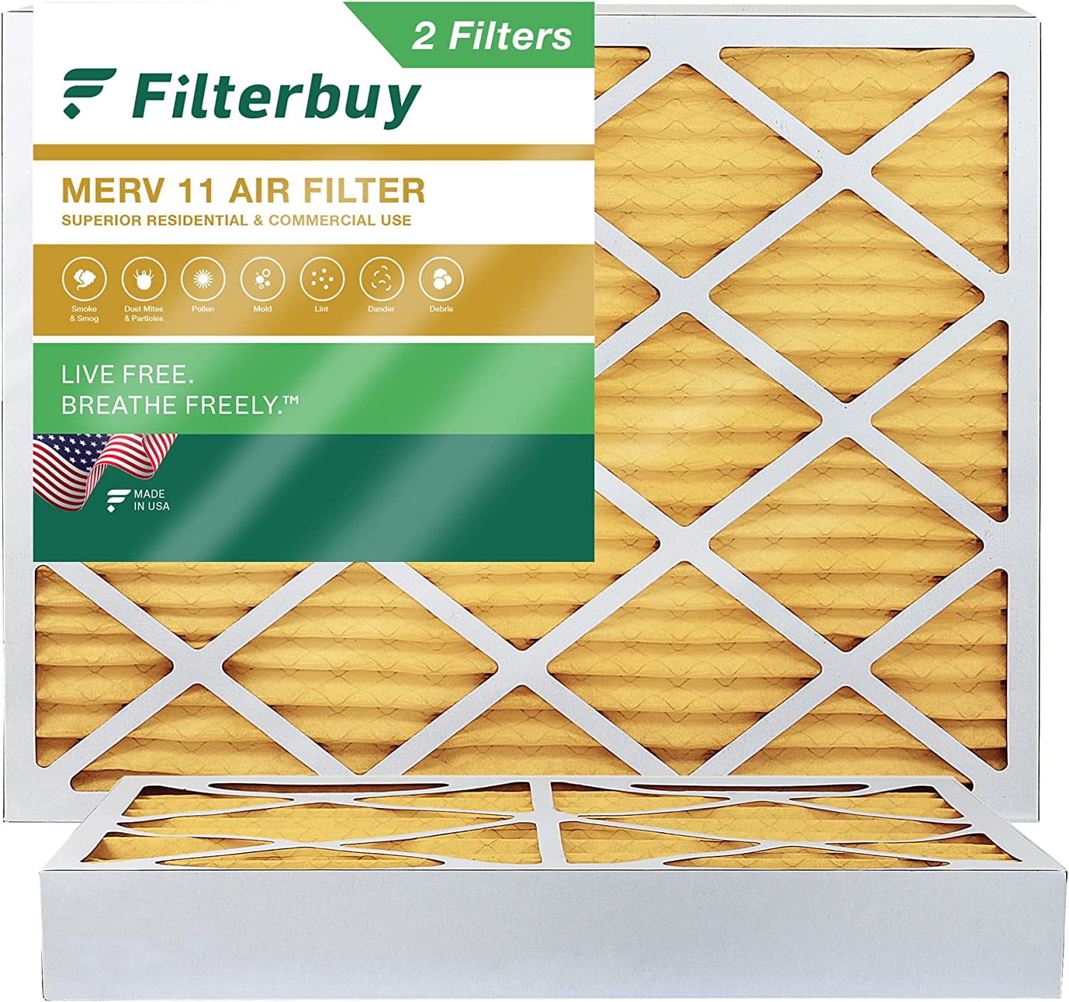 Filterbuy 25x25x1 Air Filter MERV 11 2-Pack, Gold Pleated HVAC AC Furnace Filters 