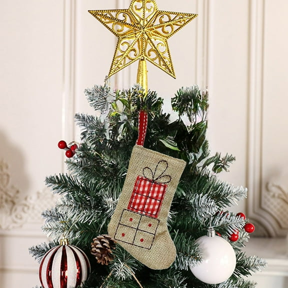 AuroraX Stylish Cute Christmas Stocking Needlepoint Christmas Tree and Gift Box Pattern Mini Christmas Stockings Plush 5" Candy Stocking Bag for Hanging Holiday Decoration Gifts for Fireplace