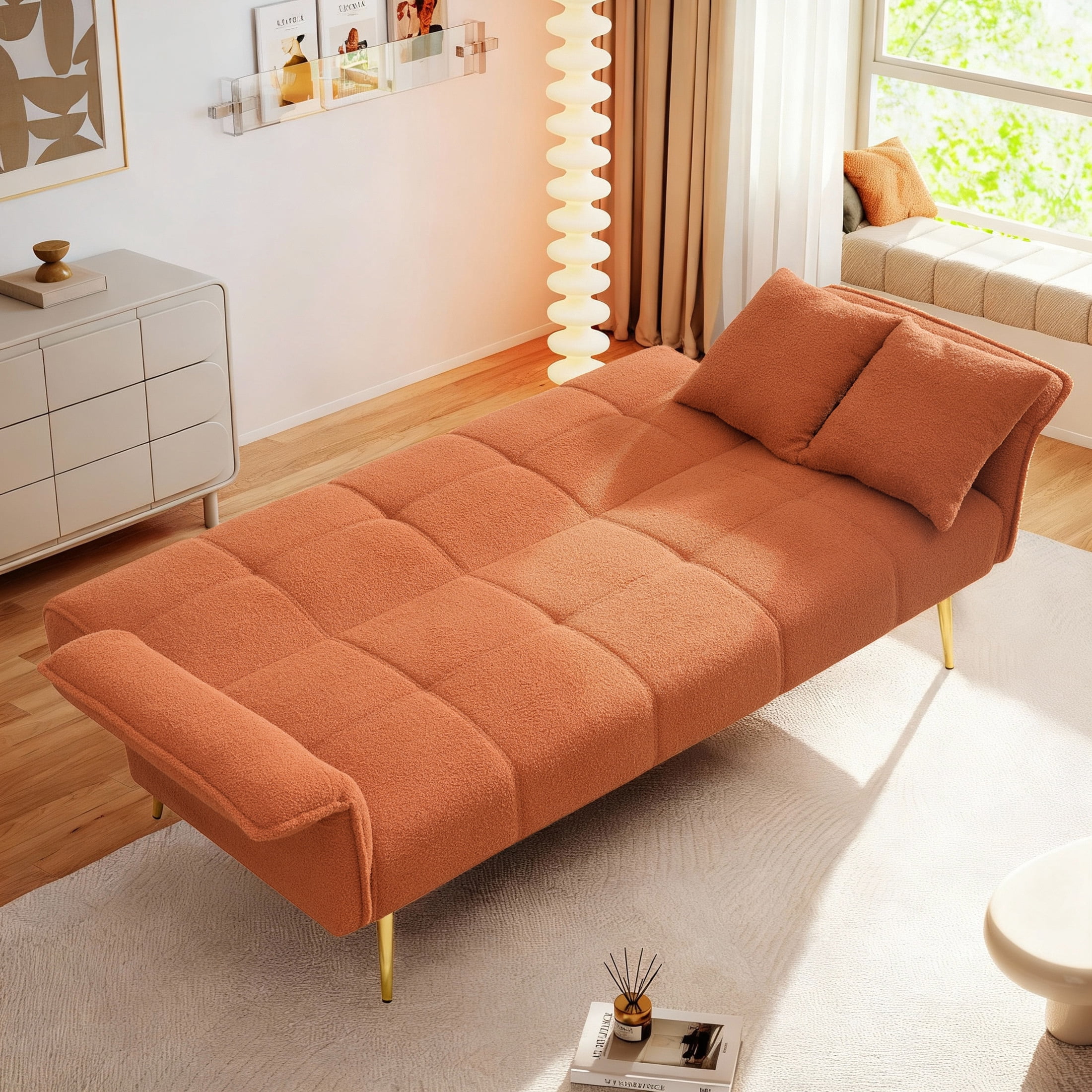 Aukfa 79" Teddy Fleece Convertible Futon Sofa Bed, 3-Position Adjustable Armrests, 2 Pillows, Orange
