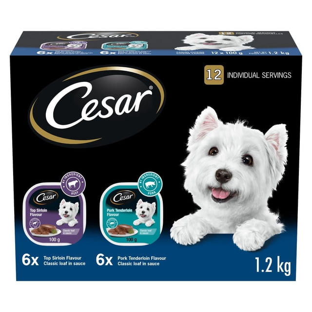 Cesar Adulte Pâté Classique en Sauce Saveur de Filet de Porc & Saveur de Haut de Surlonge Assortiment Nourriture pour Chien Humide et Tendre 100g